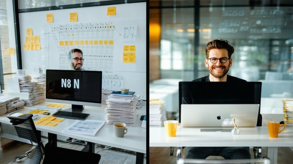 Split-screen photo of a marketing director in a modern office at golden hour; left side shows exhausted person amidst cluttered workspace with cool lighting; right side shows relaxed confident person with minimalist desk and warm natural light.