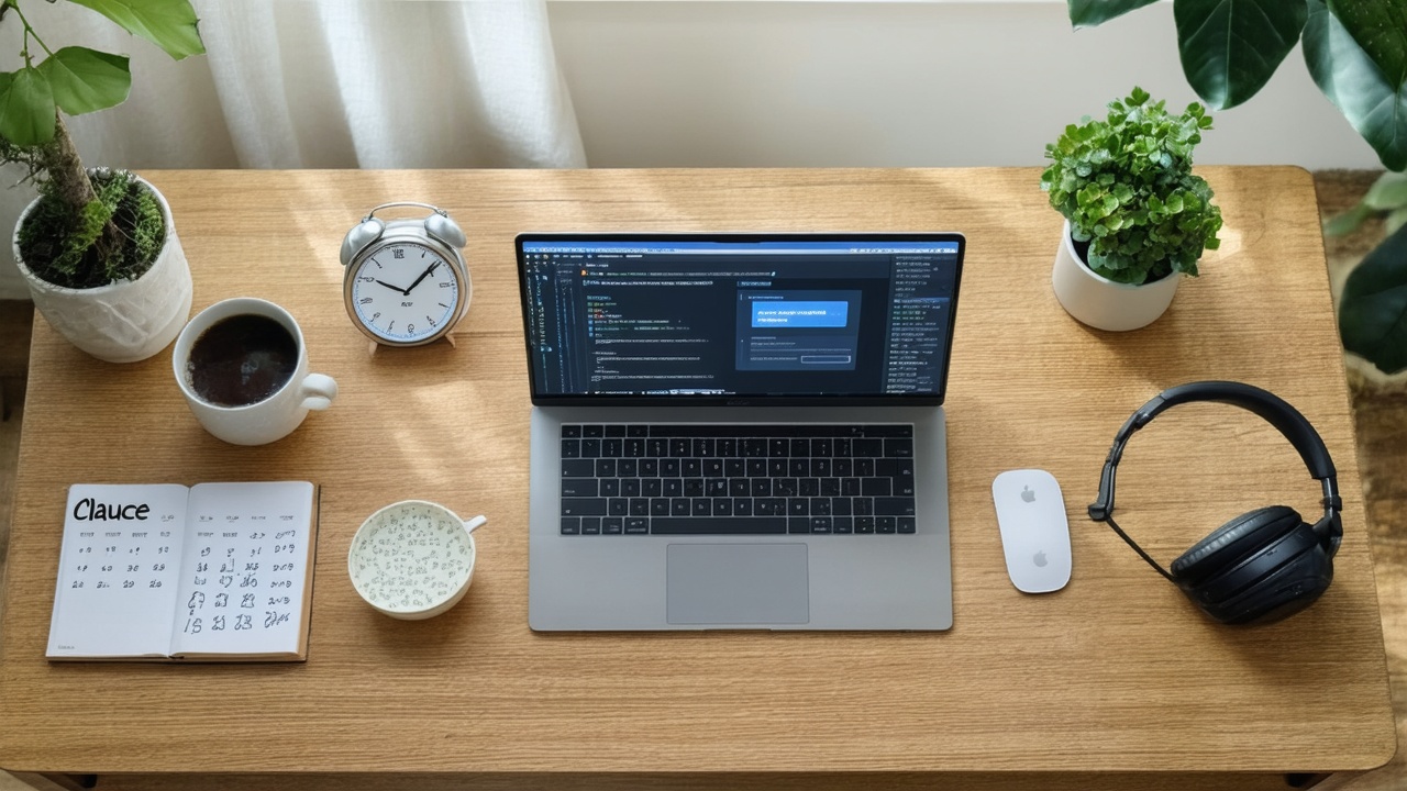 Overhead photo of a modern standing desk setup featuring a laptop displaying Claude browser AI interface, wireless keyboard, mouse, analog clock, smartphone, headphones, coffee mug, succulent plant, and handwritten notepad arranged neatly on a walnut surface.