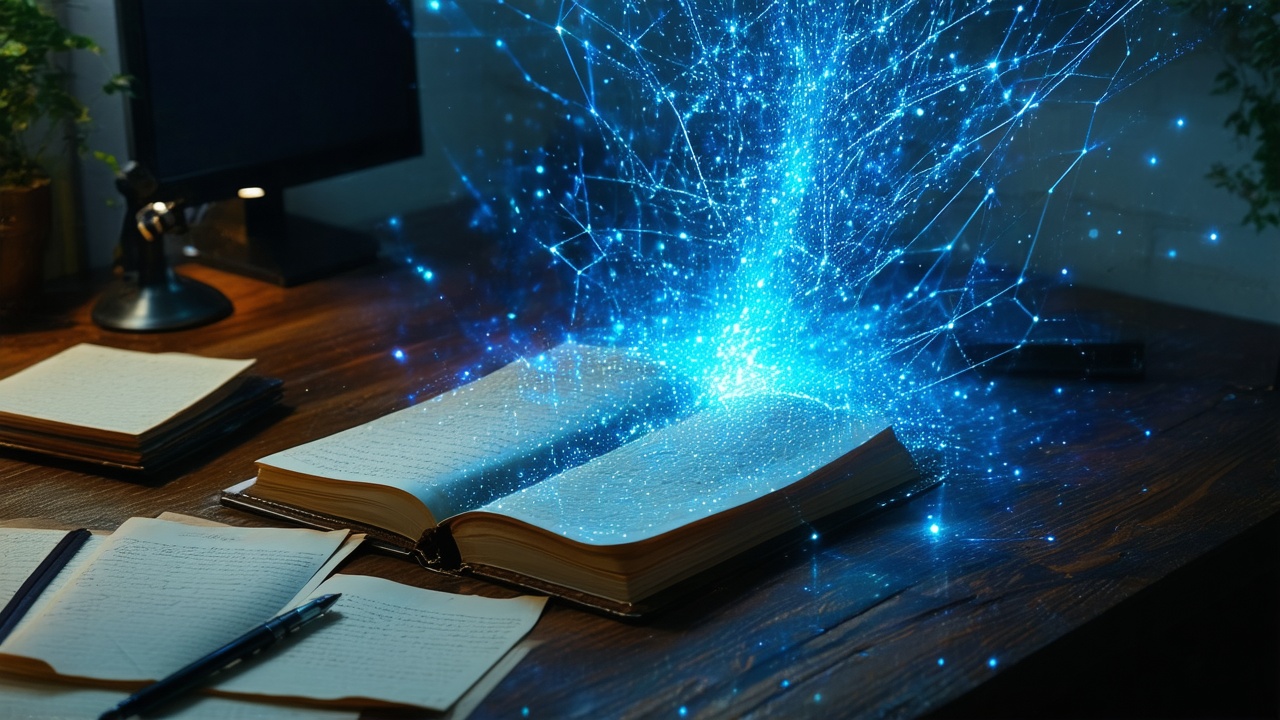 Overhead photorealistic view of a leather-bound journal on a dark walnut desk with a luminous holographic network of electric blue and silver fiber-optic threads emerging from its open pages versus a blurred executive office background