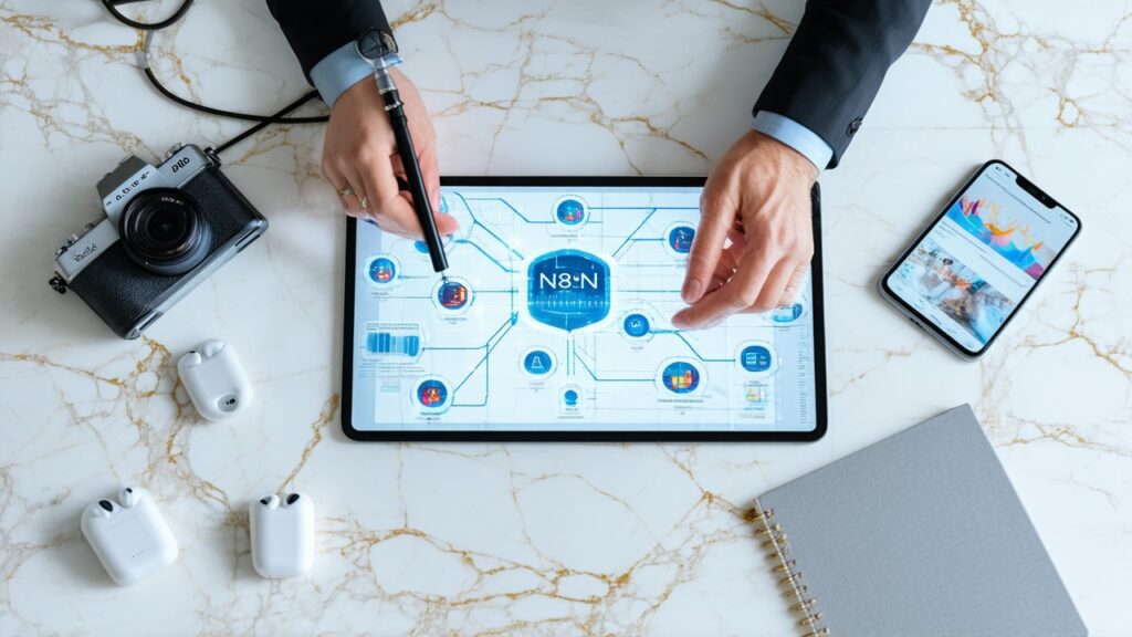 Top-down photo of hands over a tablet displaying colorful N8N automation workflow with AI tool icons, surrounded by organized tech devices on white marble desk with gold veining