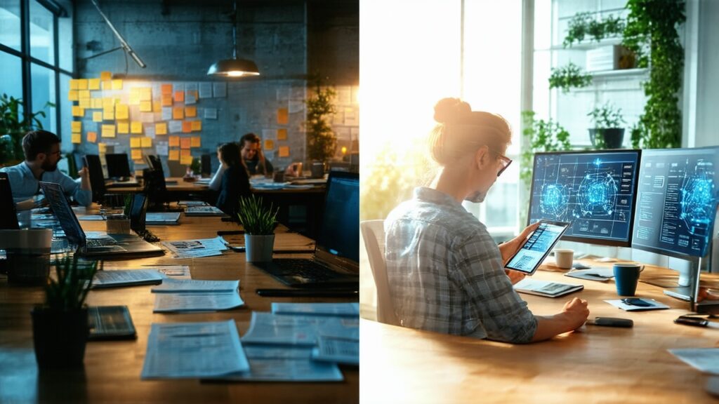 Split-screen photorealistic office scene showing stressed marketing team on left in dim light with scattered papers and laptops, contrasted with relaxed marketing director on right in bright golden hour light using tablet at minimalist desk with automated workflow dashboard and robotic arms.