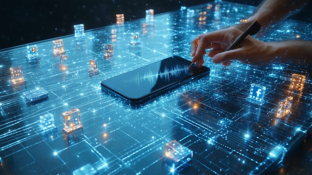 Aerial three-quarter view of a modern glass-top executive desk with a smartphone displaying a podcast waveform, surrounded by 15 smaller digital content pieces connected by glowing blue fiber-optic style lines illustrating content multiplication.