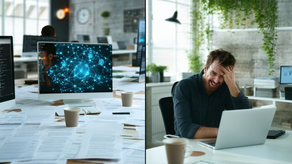 Split-screen image showing a marketing director overwhelmed with papers and multiple screens on the left, and the same person confidently working with a streamlined automated workflow dashboard on a sleek laptop in a bright, minimalist office on the right.