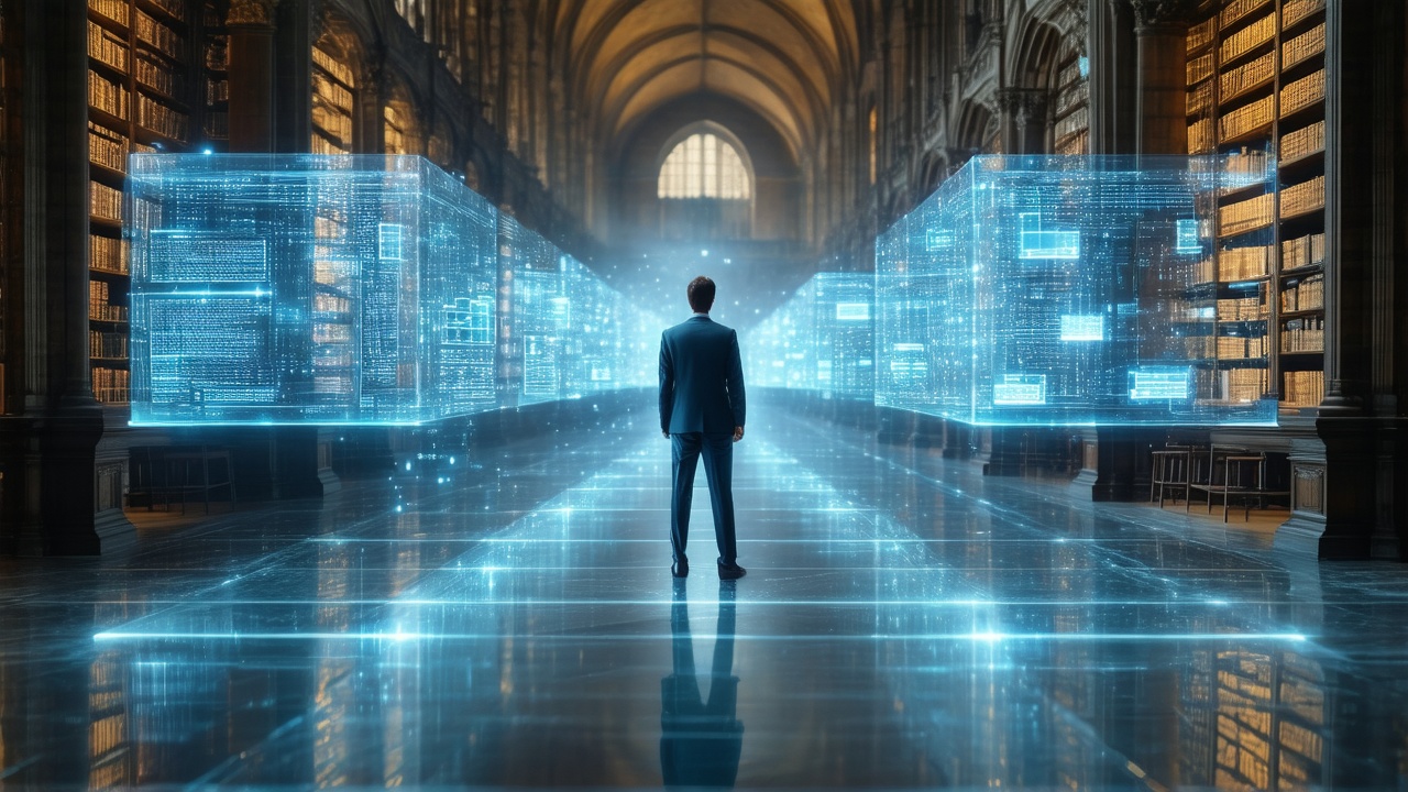 Businessman in charcoal suit standing on glass pathways with glowing search queries and holographic panels in a grand cathedral-like library