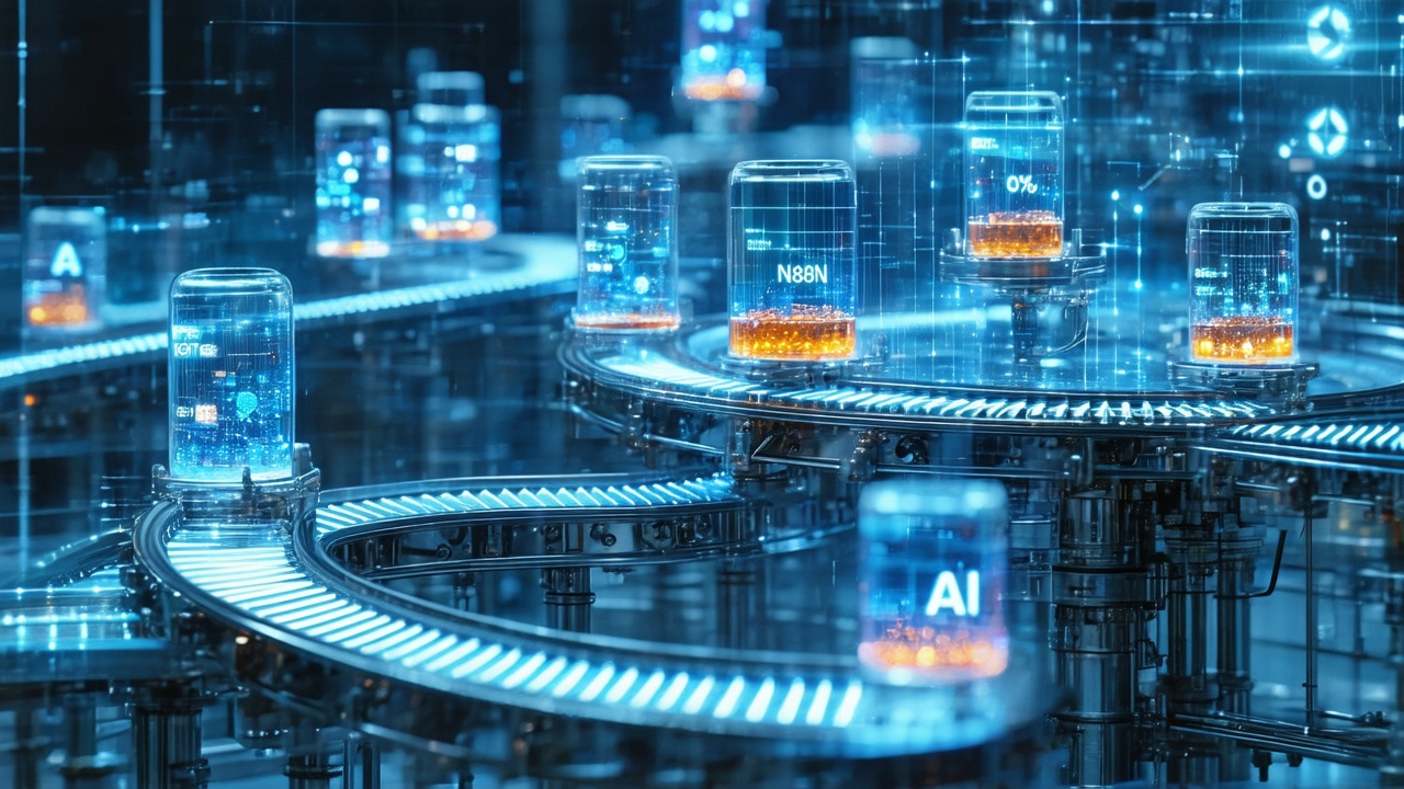 Close-up photorealistic studio shot of a miniature mechanical assembly line with chrome conveyor belts, blue LED-lit glass tubes, robotic arms labeled AI and stations GPT-4, VO3, and N8N, showing tiny video frames, thumbnails, and documents being processed