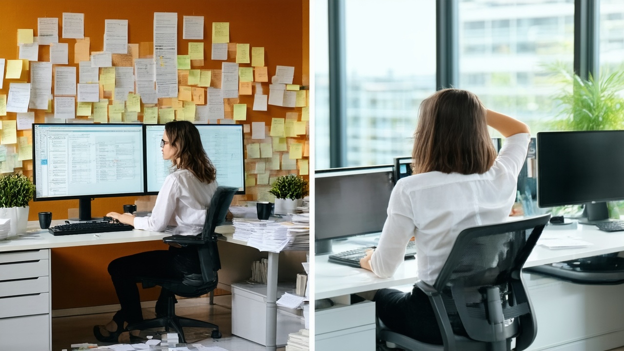 Split-screen office scene showing a stressed businesswoman at a cluttered desk on the left and the same woman relaxed at a minimalist desk using an AI-assisted browser on the right