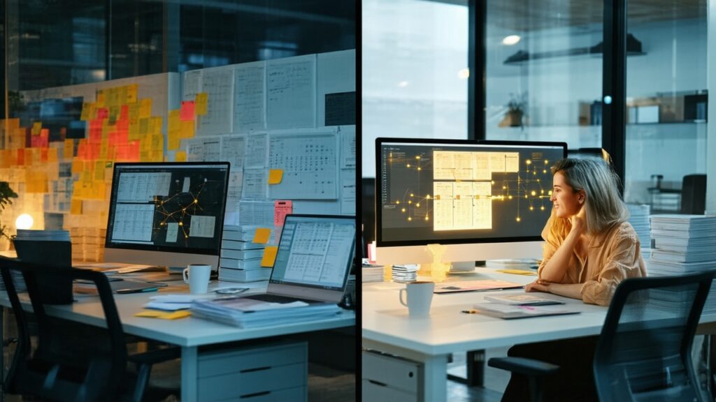 Split-screen of a marketing director in a glass-walled office at golden hour; left side shows exhaustion with cluttered desks and harsh lighting, right side shows relaxation with minimalist setup and warm natural light