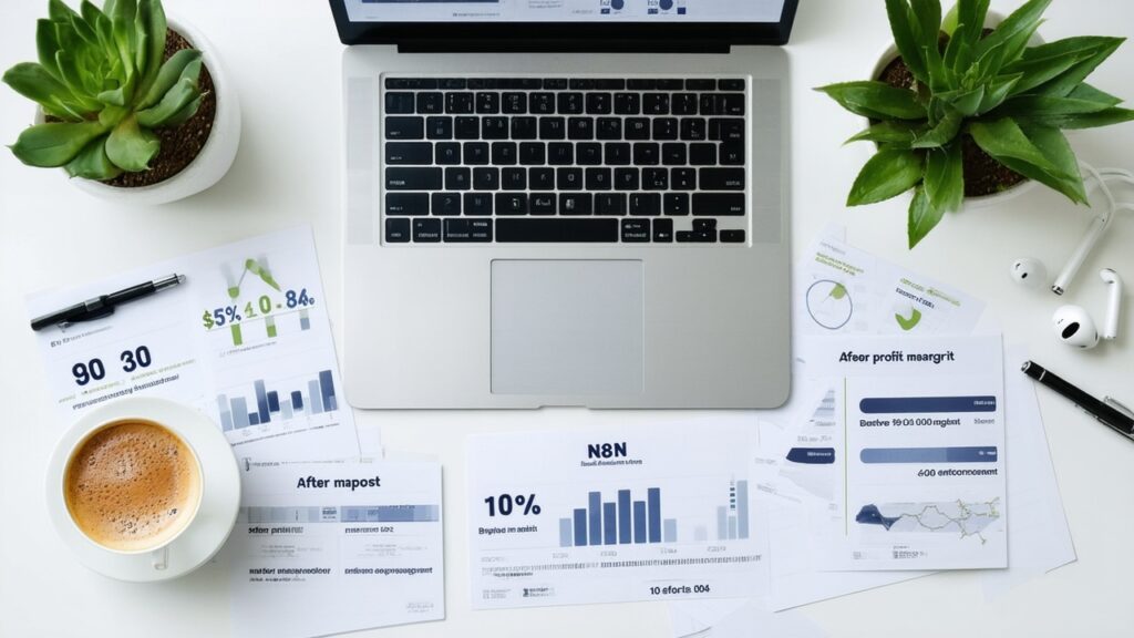 Overhead flat-lay of an elegant executive workspace with a brushed aluminum laptop displaying the N8N automation dashboard surrounded by business metric cards, a luxury fountain pen, wireless keyboard, coffee cup with latte art, smartphone, succulent plant, and earbuds