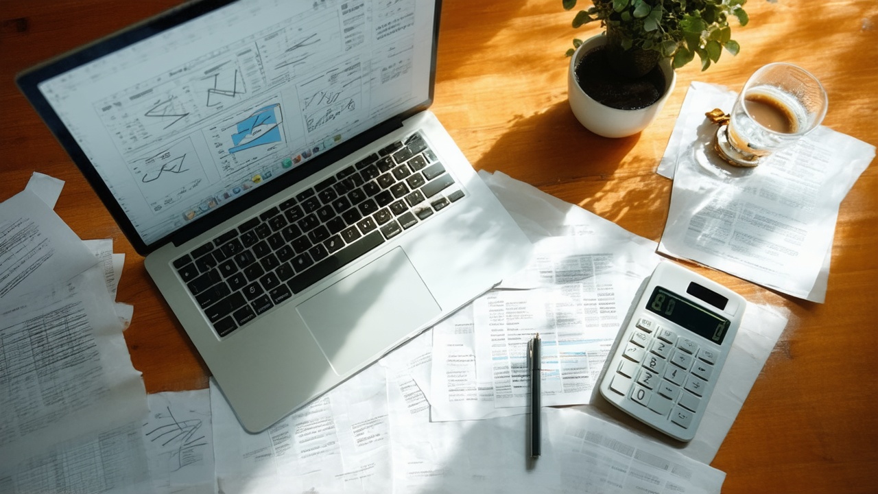 Diagonal split aerial view of a minimalist desk at golden hour, contrasting a cluttered workspace with scattered papers and coffee cups on the left, and a clean, tech-focused setup with MacBook Pro and smartphone on the right