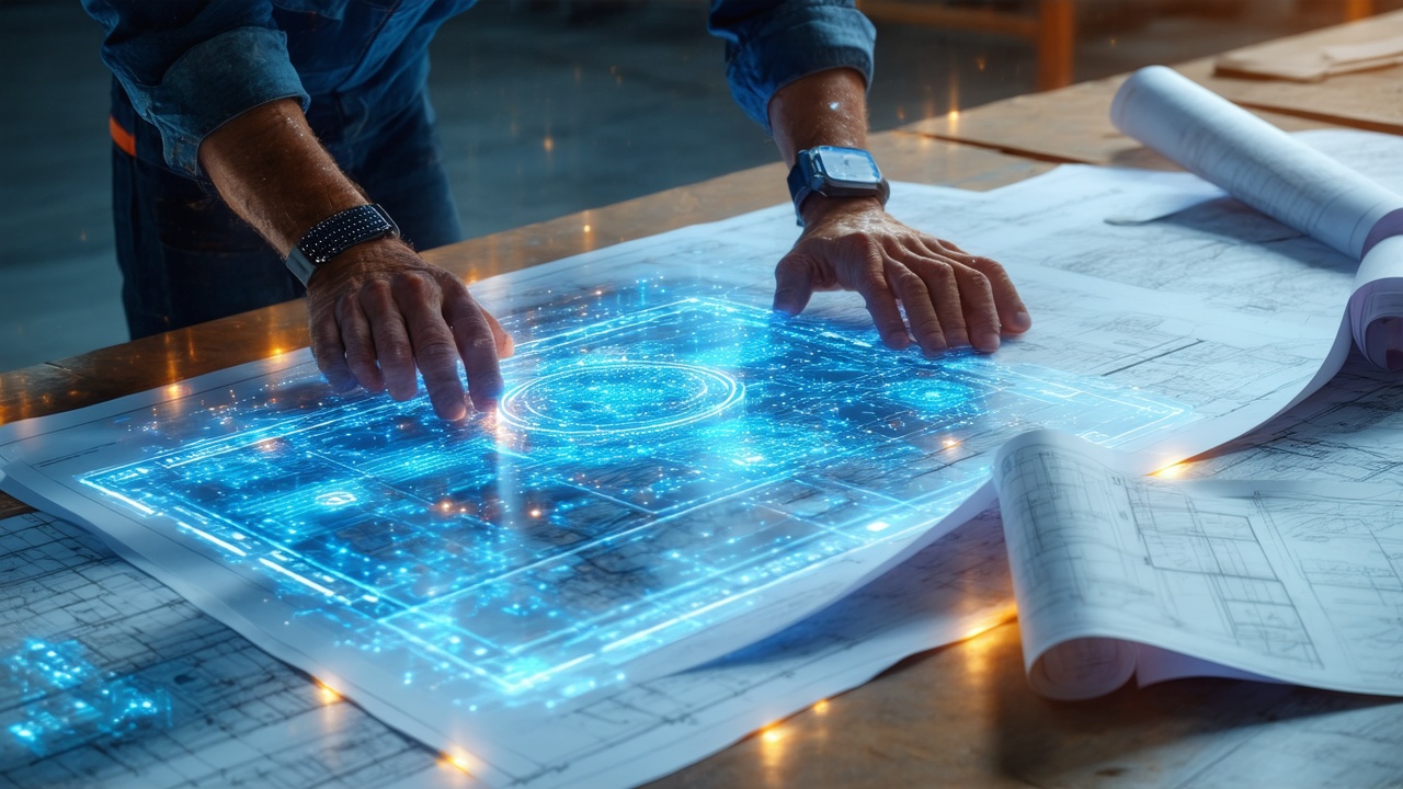 Overhead view of a modern industrial control room table with a floating holographic display showing AI-generated data streams above blueprints and engineering drawings, a manufacturing engineer's hands resting on the table edge with warm golden hour lighting.