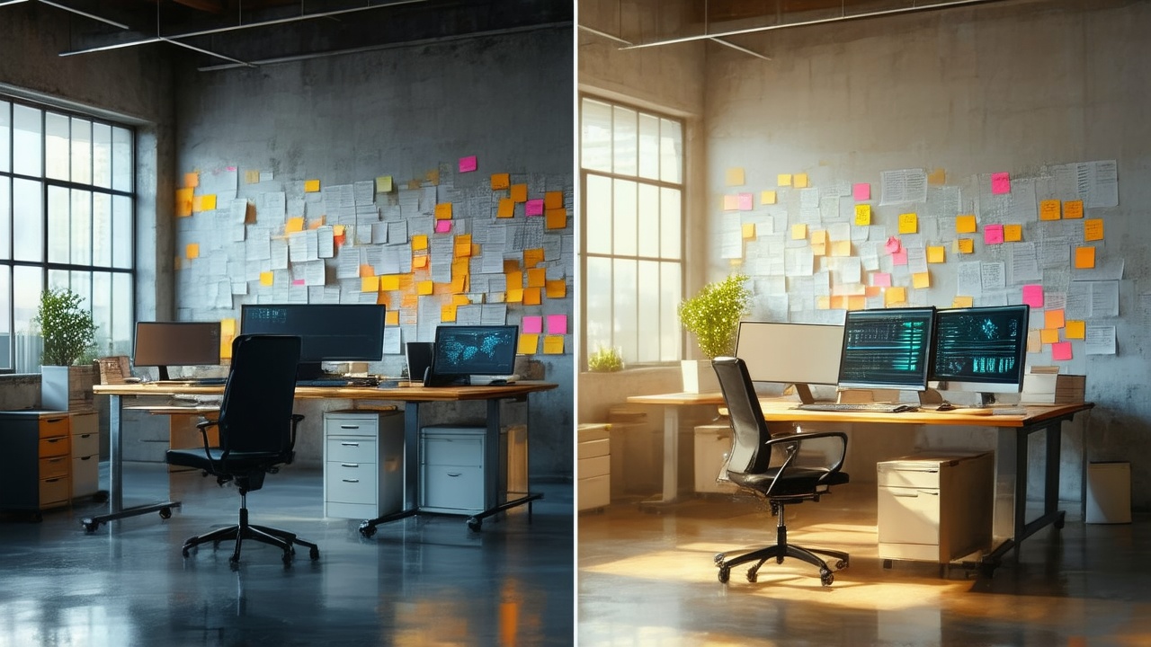 Split-frame photorealistic image of the same office space showing a chaotic 2008 nighttime scene with stressed employees and cluttered desks on the left, and a clean, modern, well-lit morning workspace with a confident professional and minimal setup on the right.